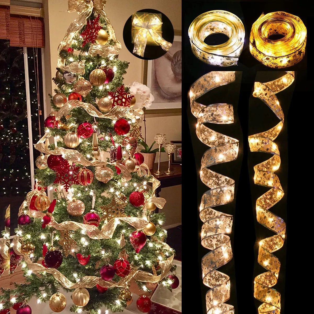 Christmas Tree Ribbon Fairy Light String Battery-Operated or USB - Festive Fancies