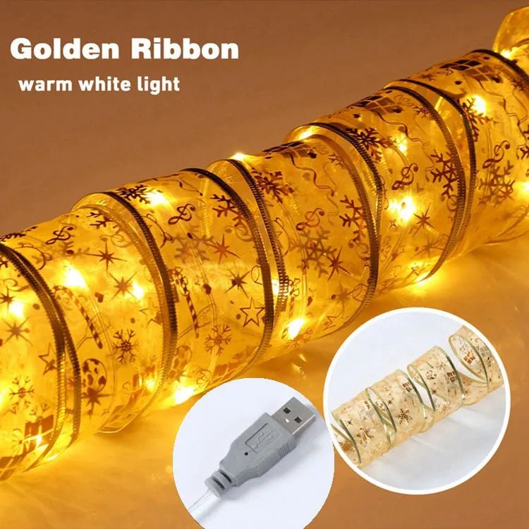 Christmas Tree Ribbon Fairy Light String Battery-Operated or USB - Festive Fancies