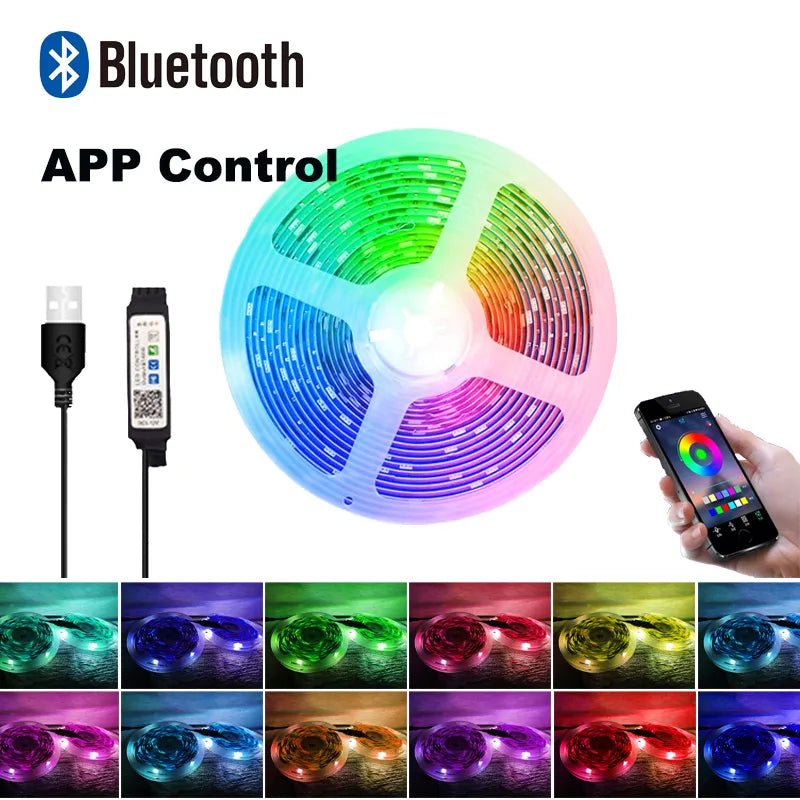 Color RGB LED Strip Lights, Bluetooth App Control, USB Power, With or Without Remote, Various Lengths (3m-30m) - Festive Fancies