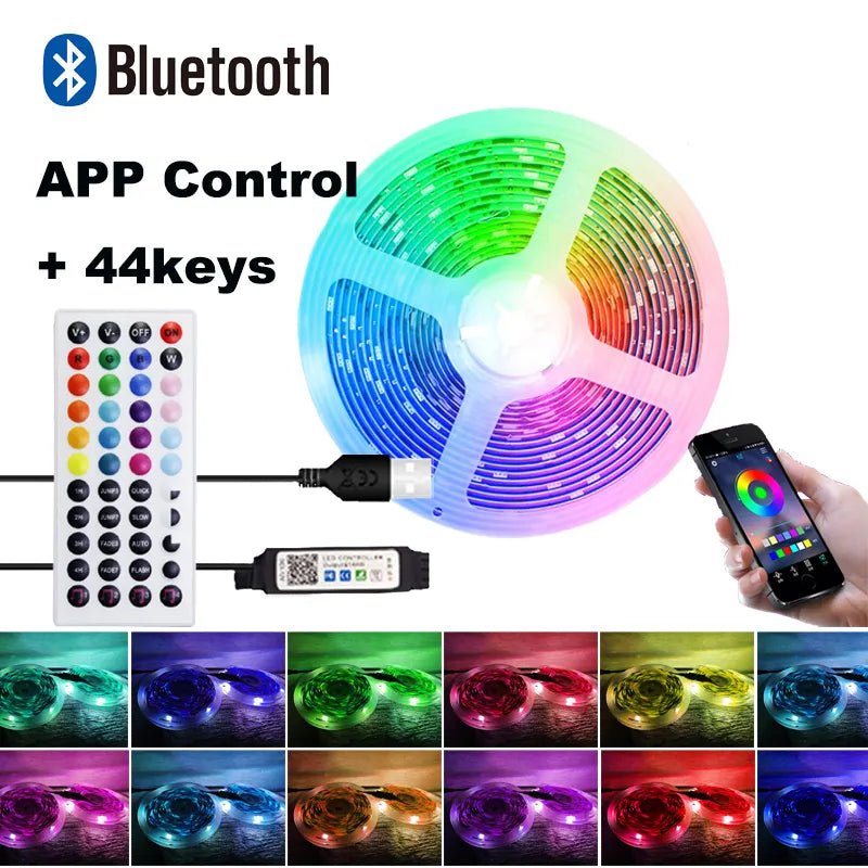 Color RGB LED Strip Lights, Bluetooth App Control, USB Power, With or Without Remote, Various Lengths (3m-30m) - Festive Fancies