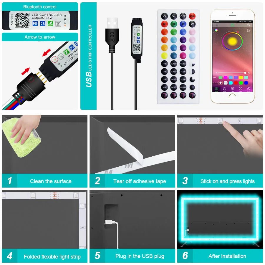 Color RGB LED Strip Lights, Bluetooth App Control, USB Power, With or Without Remote, Various Lengths (3m-30m) - Festive Fancies
