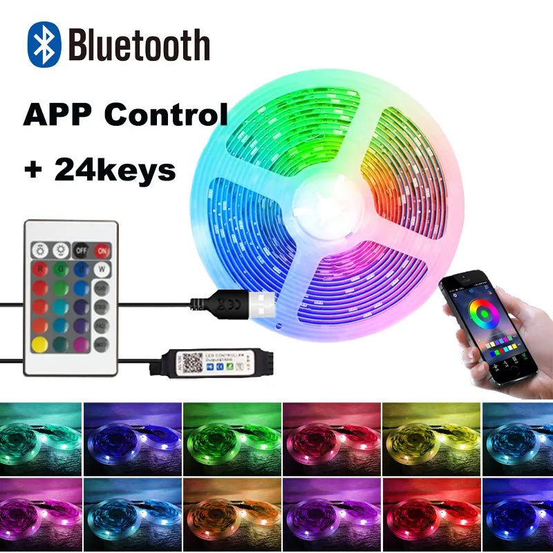 Color RGB LED Strip Lights, Bluetooth App Control, USB Power, With or Without Remote, Various Lengths (3m-30m) - Festive Fancies
