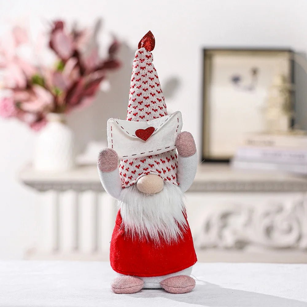 Knitted Handmade Plush Toy Gnome Dolls Holding A Heart or Envelope - Festive Fancies